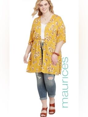 2X/3X Maurices Mustard Floral Flowy Kimono/Jacket with Crochet Accent, NWT